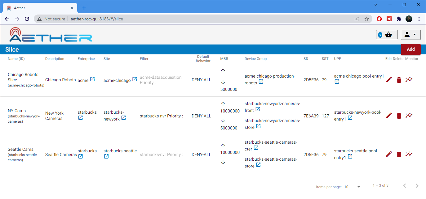 Slice List View in Aether ROC GUI